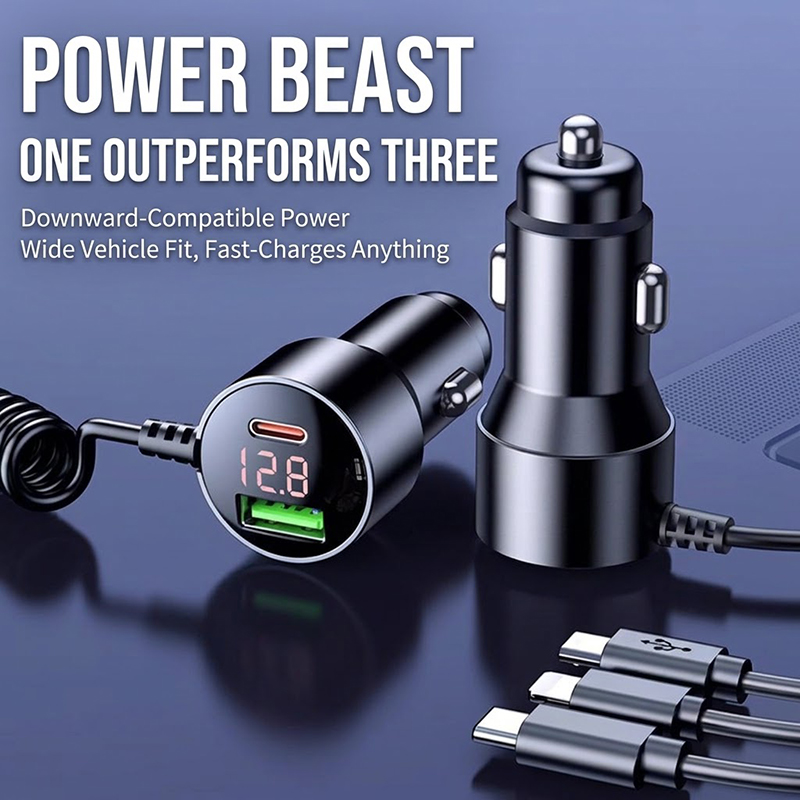 3-in-1 コイル式カーチャージャー。ケーブルは格納式で、 - Laptop Charger のレビューと価格