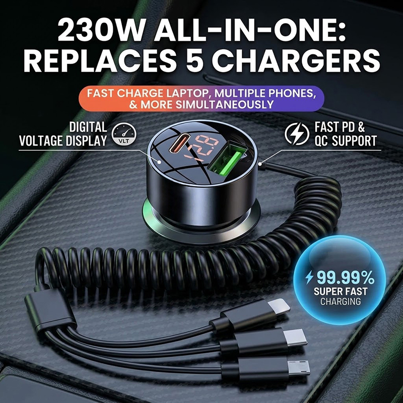 3-in-1 コイル式カーチャージャー。ケーブルは格納式で、 - Laptop Charger のレビューと価格